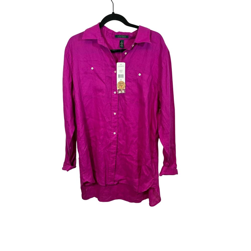 NWT Fuschia Lauren Ralph Lauren Linen Button Front Blouse XL Coastal Grandma - Picture 2 of 5